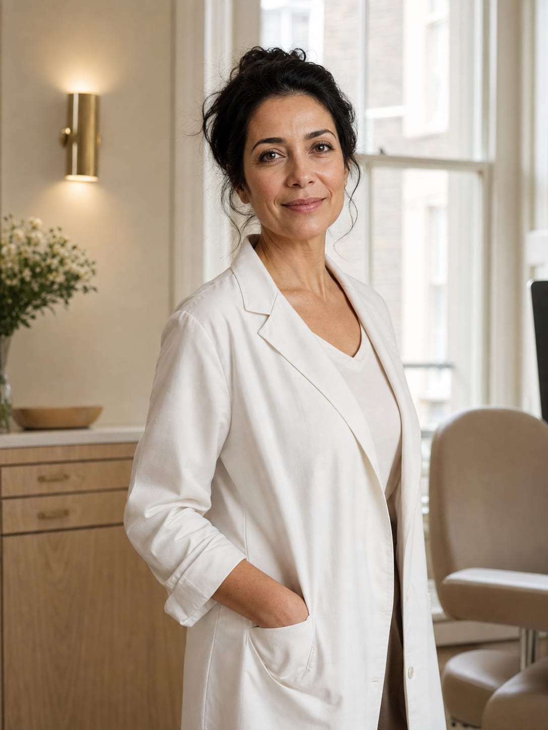 Dr Elena Voss, lead clinician at Aurelia, in the practice consulting room