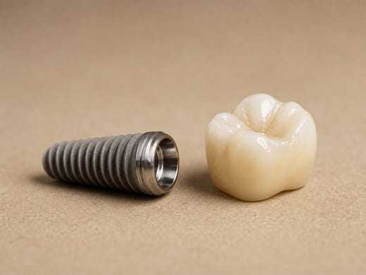 A titanium implant post beside a ceramic crown, photographed close
