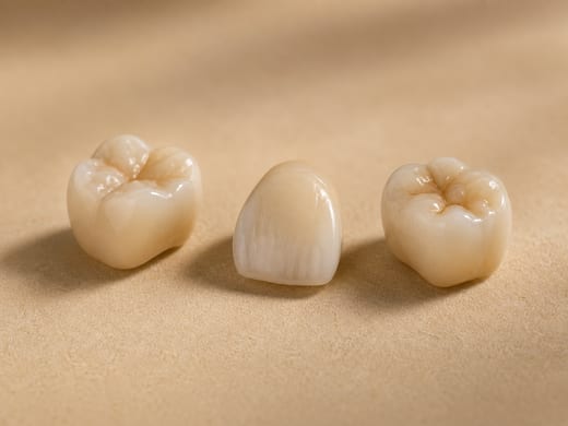 Ceramic dental crowns arranged on a warm sand surface