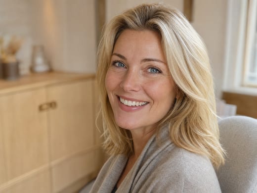 A patient smiling openly, photographed in warm daylight